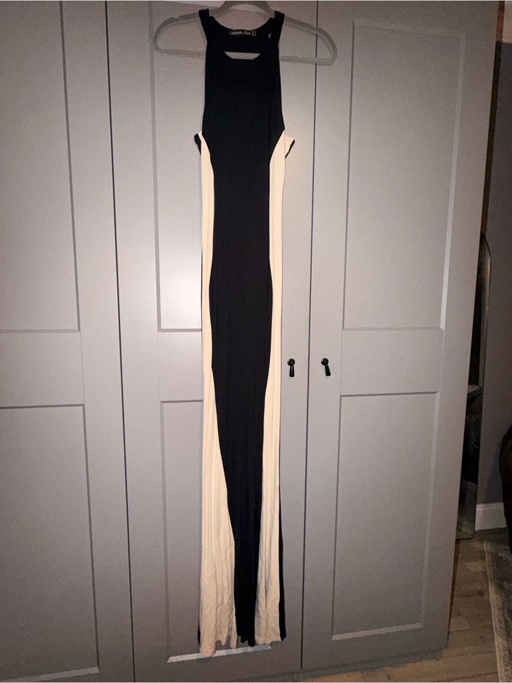 Sleeveless Black and Cream Maxi Dress - Fitted Contrast Panel